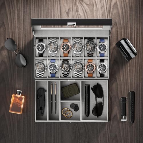 ProCase Watch Box, 12 Slot Watch Case for Men with Drawer, Black - Image 3