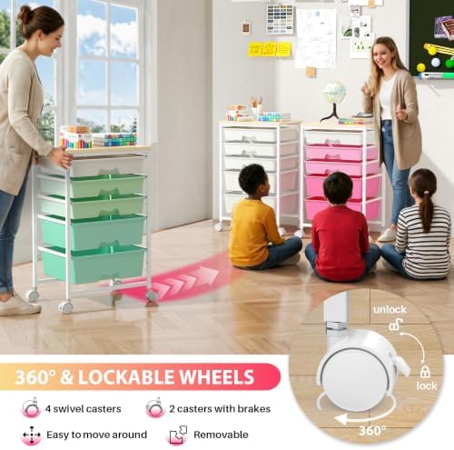 Rolling Cart with 5 Drawers for Craft, Art, Dorm, Office, Pink - Image 5