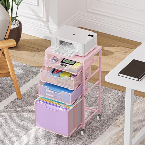 4 Drawer Rolling File Cart Under Desk Storage, File Cabinets for Home Office, Mobile Filing Cabinet, Hanging File Organizer with Wheels, Utility Cart Printer Stand, Pink - Image 2