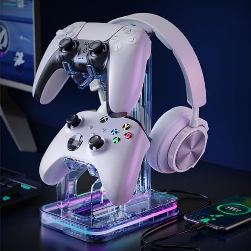 Luckit Gaming Headphones Stand, RGB Headset Stand with 2 USB Charging Ports, Dual Controller Holder with Light Modes, Earphone Hanger Accessories for Desktop Gamer by Luckit