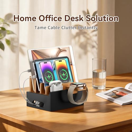 Bamboo Charging Station with USB Charger&Cables-Natural+Black - Image 5