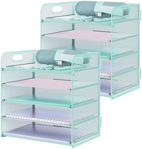 2 Pack Letter Tray Paper Organizer 5-Tier Desk Organizer File Organizer Paper Holder with Handle, Metal Desktop Document Shelf Tray Office Classroom Organization - Blue by Sinboun