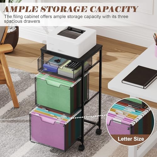3 Drawer Mobile File Cabinet for Home Office, Rolling Filing Cabinet on Lockable Wheels, Hanging File Folders Organizer, Utility Cart Storage and Organizer, Printer Stand, Black - Image 5