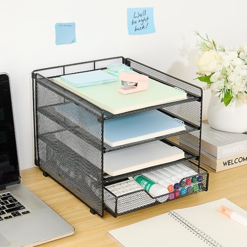 Desk Organizer, 4-Tier Desktop File Organizer with Drawer, Office Desk Accessories, File Sorters, Workspace Organizers for Office Supplies(Black Upgraded) - Image 3