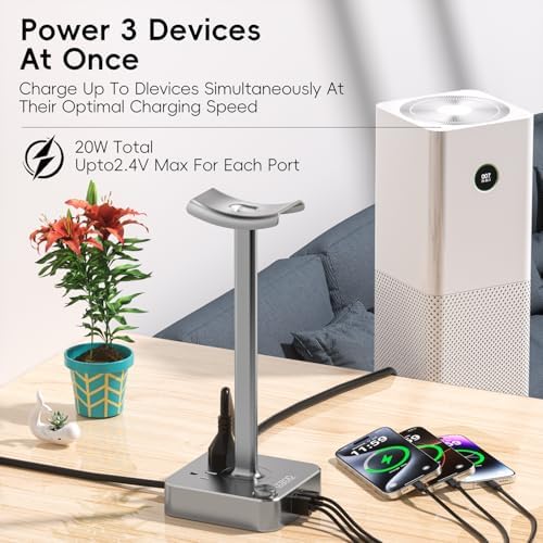 Headphone Stand with Charger, USB C, Gifts for Gamers Men, Gray - Image 6