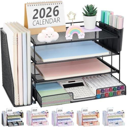 Desk Organizer, 4-Tier Desktop File Organizer with Drawer and Pen Holders, Office Desk Accessories, File Sorters, Workspace Organizers for Office Supplies(Black) by OPNICE