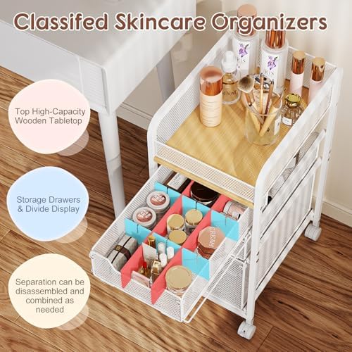 Rolling Makeup Cart Organizer with 3 Drawers, Narrow Floor Skincare Organizers, Vanity Organizer Cosmetics Display Cases Holder for Skin Care Nail Polish Perfume Makeup Brush, White - Image 3