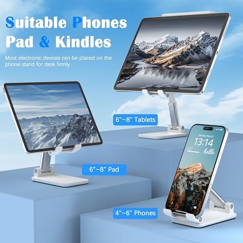 Cell Phone Stand, Adjustable Angle and Height Cell Phone Holder for Desk, Foldable and Portable, Anti-Slip Silicone Pad, Compatible with All Mobile Phones and 4-8 Inch Devices (White&White) - Image 2