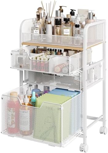 Makeup Organizer Cart with Drawers, Floor Skincare Organizers Make Up Organizers Vanity Organizer Cosmetic Display Cases Holder for Skin Care Perfume Nail Polish Brush Hair Tool, White by Hongtamoya