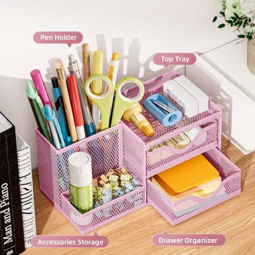 Marbrasse Mesh Pen Holder with 2 Drawers, Multi-Functional Pencil Organizer for Desk, Desk Organizers and Accessories with 3 Compartments + 2 Drawers for Office Art Supplies (Pink) - Image 2