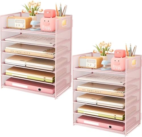 6-Tier Desk Paper Organizer, Desktop File Letter Tray with Handle, Document Sorter and Accessories Holder for Office, Home and School Workspace Organizers, Pink-2 Pack by SUBEKYU