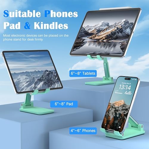 Cell Phone Stand, Adjustable Angle and Height Cell Phone Holder for Desk, Foldable and Portable, Anti-Slip Silicone Pad, Compatible with All Mobile Phones and 4-8 Inch Devices (Green&Green) - Image 2