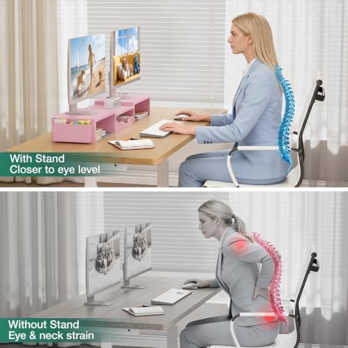 Desk Organizer and Accessories, Computer Monitor Stand Riser with Drawer and 2 Pen Holders, Laptop Stand, Office Desk Accessories for Office Supplies, Pink - Image 4