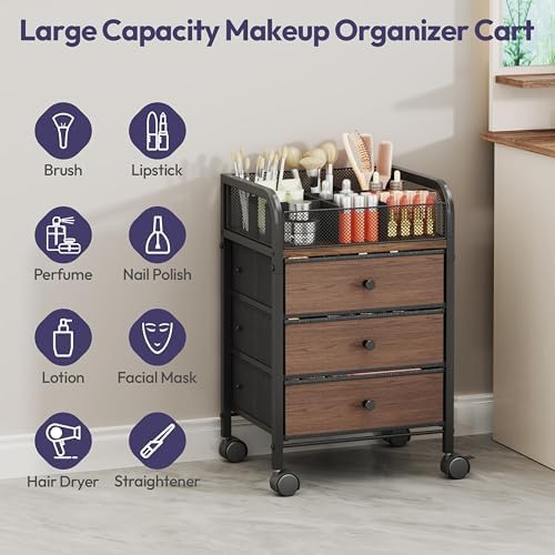 Rolling Makeup Organizer Cart - 14.96″*11.81″*23.03″ Widened Under Desk Vanity Storage with 3 Non-woven Drawers, Cosmetic Display Cases for Skin Care Perfume Nail Polish Brush Hair Tool Black - Image 4