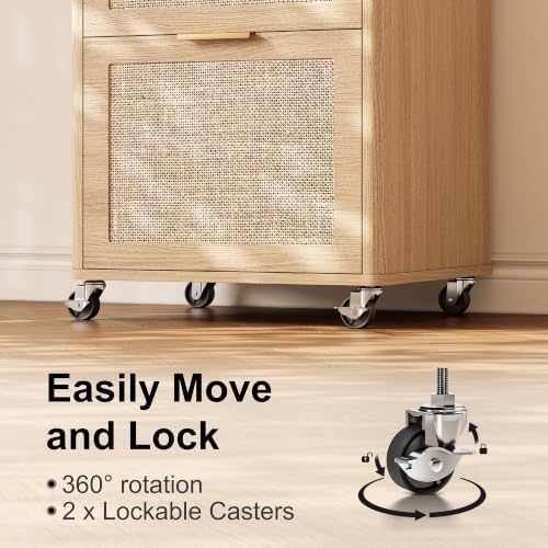 3 Drawers Rattan Mobile File Cabinet with Lock, Rolling File Cabinet Printer Stand Table, Under Desk Wooden Filing Cabinets for Home Office Essentials Storage Organization Furniture Letters/A4 - Image 5