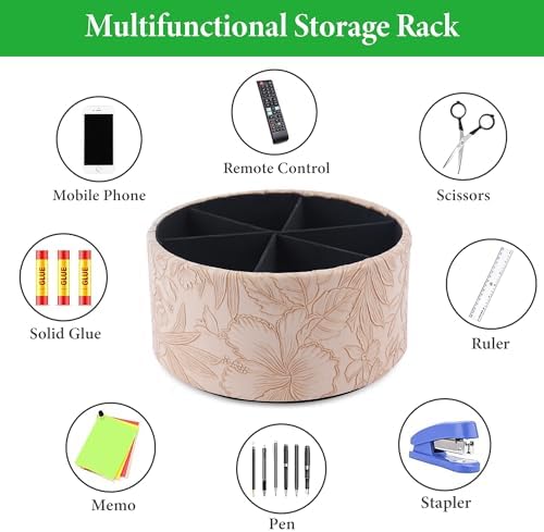 Remote Control Holder, 360°Spinning PU Leather Desk TV Remote Caddy,Desk Storage Box Room Accessories for Controller, Media,Mail,Calculator, Mobile Phone,Pencil(1-Carved Light Brown) - Image 5