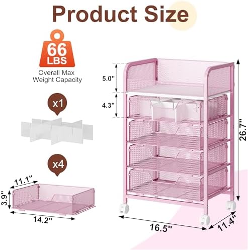 Makeup Cart Organizer with 4 Drawers, Large Floor Skincare Organizers, Vanity Storage Organizer Cosmetics Display Cases for Skin Care Perfume Nail Polish, Pink - Image 6