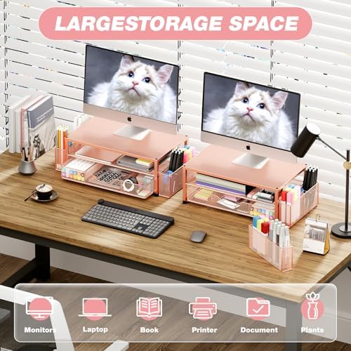 Desk Organizer and Accessories, 2-Tier Computer Monitor Stand Riser with Drawer and 2 Pen Holders, Laptop Stand, Office Desk Accessories for Office Supplies, Rose - Image 4
