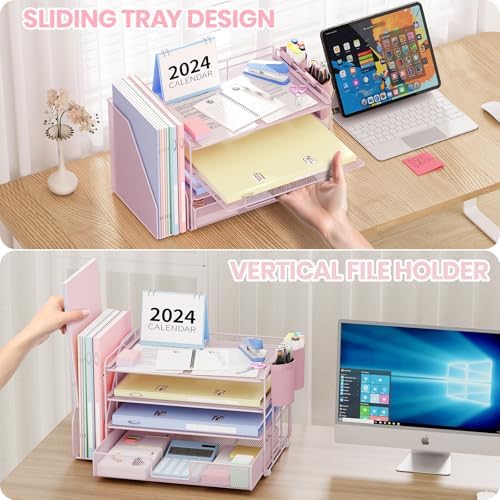 Desk Organizer, 4-Tier Desktop File Organizer with Drawer and Pen Holders, Office Desk Accessories, File Sorters, Workspace Organizers for Office Supplies(Pink) - Image 5