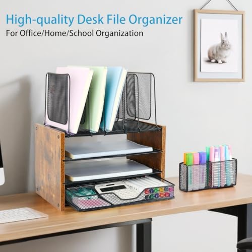 Desk Organizer, 4-Tier Desktop File Organizer with Drawer and Pen Holders, Office Desk Accessories, File Sorters, Workspace Organizers for Office Supplies(Brown) - Image 2
