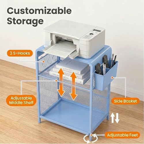 Small 3 Tier Printer Stand for Under Desk, Height Adjustable Shelf Printer Table with 3 S-Hooks & Basket, Heavy Duty Industrial Storage Shelf for Home Office (Blue) - Image 6