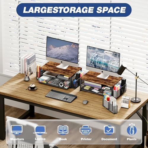 Desk Organizer and Accessories, 2-Tier Computer Monitor Stand Riser with Drawer and 2 Pen Holders, Laptop Stand, Office Desk Accessories for Office Supplies, Brown - Image 4