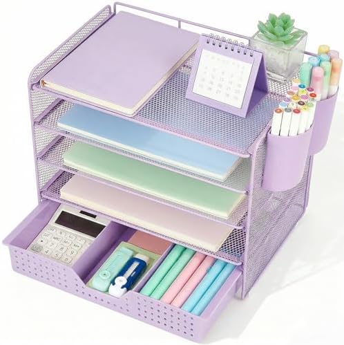 Desk Organizers and Accessories, 5-Tier Paper Letter Tray Organizer with Drawer & 2 Pen Holders, Desktop Organizer for Office Supplies (Purple) by Stylishworkspaceeffortlessorganization