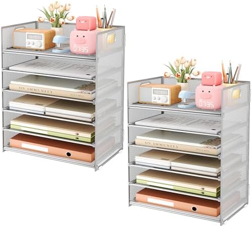 6-Tier Desk Paper Organizer, Desktop File Letter Tray with Handle, Document Sorter and Accessories Holder for Office, Home and School Workspace Organizers, Silver - 2 Pack by SUBEKYU