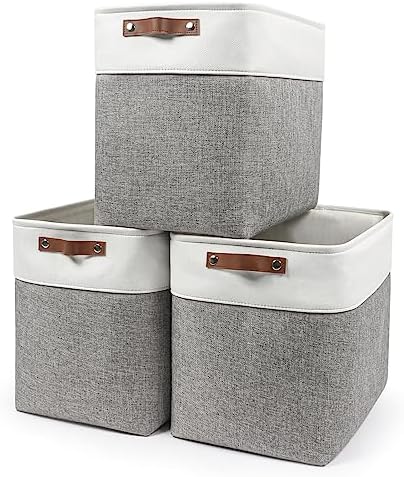 Large Fabric Storage Baskets | 50L Storage Bins, Decorative Linen Closet Baskets with Handles for Organizing, Shelf, Toys, Clothes, Home, Office, Nursery, 17x12x15Inches (Grey&White) by Bagnizer