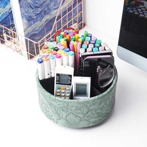 Remote Control Holder, 360°Spinning PU Leather Desk TV Remote Caddy,Desk Storage Box Room Accessories for Controller, Media,Mail,Calculator, Mobile Phone,Pencil(1-Carved Green2) - Image 6
