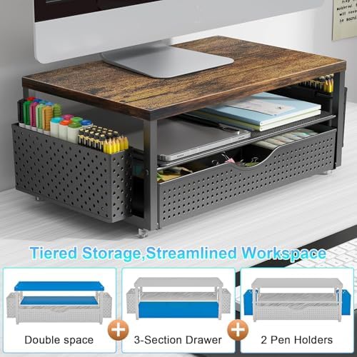gianotter Desk Organizers and Accessories, Monitor Stand with Drawer and 2 Pen Holder, Desktop Organizer Suitable for Offices and Dormitories (Wood) - Image 3