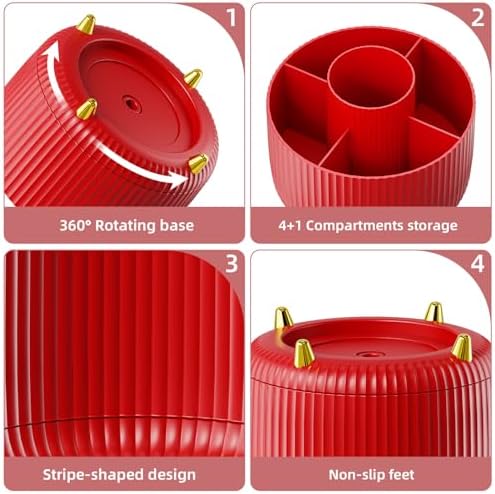 Marbrasse Desk Organizer, 360-Degree Rotating Pen Holder for Desk, Desk Organizers and Accessories with 5 Compartments Pencil Organizer, Art Supply Storage Box Caddy for Office, Home (Red) - Image 4