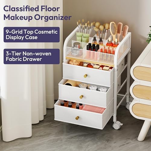 Rolling Makeup Organizer Cart - 14.96″*11.81″*23.03″ Widened Under Desk Vanity Storage with 3 Non-woven Drawers, Cosmetic Display Cases for Skin Care Perfume Nail Polish Brush Hair Tool White - Image 6