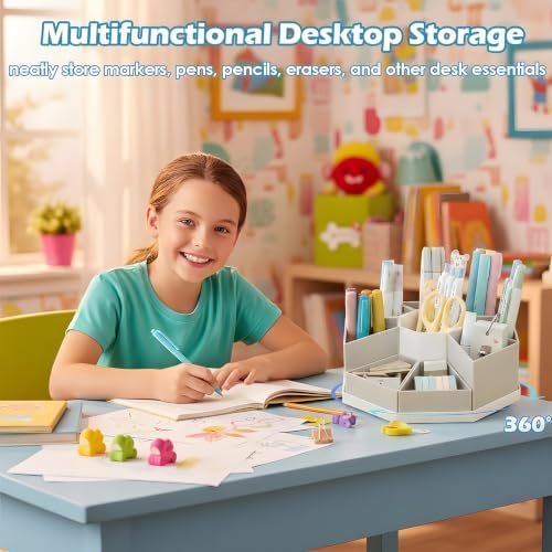360 Degree Rotating Desk Organizer Caddy with 9 Compartments, Large Capacity Detachable Pencil Holder for Desk, Desktop Storage for Office, School, Home, Dressing Table (Greige with White Base) - Image 2