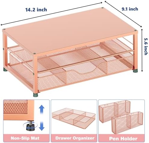 Desk Organizer and Accessories, 2-Tier Computer Monitor Stand Riser with Drawer and 2 Pen Holders, Laptop Stand, Office Desk Accessories for Office Supplies, Rose - Image 3