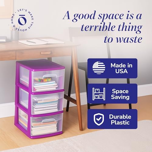 HOMZ Drawer Tower, 3-Tier Storage Cart w/ Removable Wheels, Purple, 2 Pack - Image 6