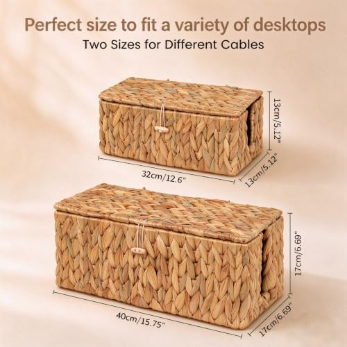 efluky Set of 2 Natural Water Hyacinth Cable Management Box, Hand-Woven Cord Organizer with 2 Open Slots, Decorative Cord Box to Hide Power Strip, USB Wires & Charger for Home & Office - Image 2