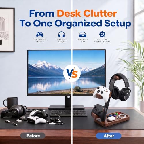 Aothia Beech Headphone Stand with Controller Holder & Storage Base, Brown - Image 2