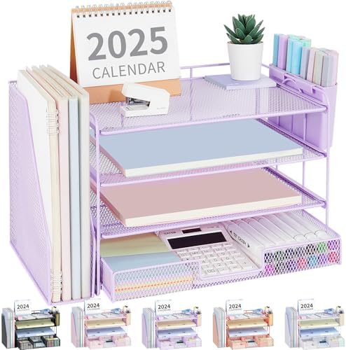 Desk Organizer, 4-Tier Desktop File Organizer with Drawer and Pen Holders, Office Desk Accessories, File Sorters, Workspace Organizers for Office Supplies(Purple) by OPNICE