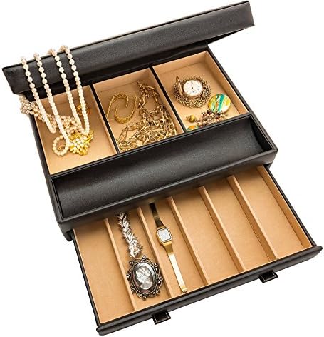 Stock Your Home Mens Valet Tray, Men's Jewelry Box, Night Stand Organizers and Storage, Bedside Table Organizer, Watch Box for Dresser, Faux Leather (Black & Beige) - Image 2
