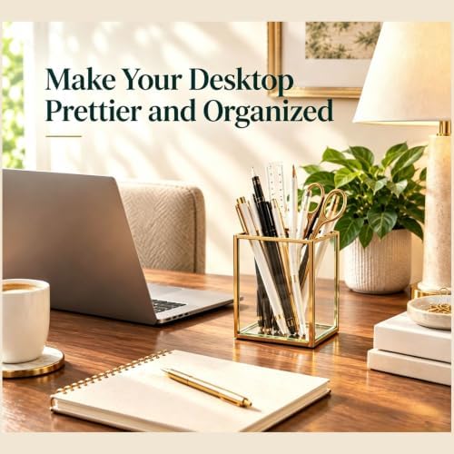 Glass Pen Holder for Desk, Gold Metal Frame Pen Organizer - Image 2