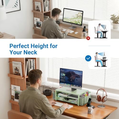 Desk Organizer and Accessories, 2-Tier Computer Monitor Stand Riser with Drawer and 2 Pen Holders, Laptop Stand, Office Desk Accessories for Office Supplies, Light Green - Image 3