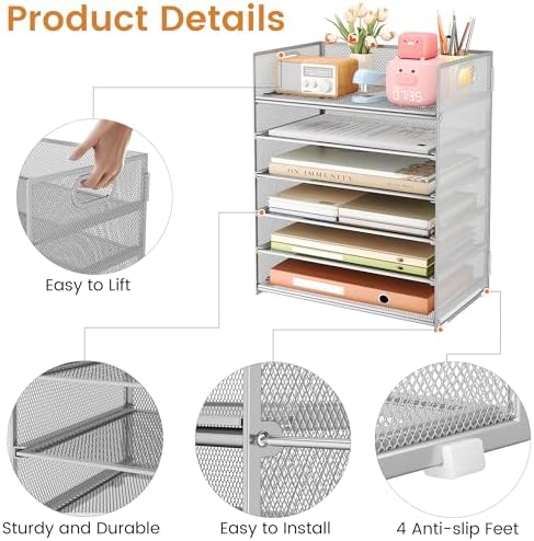 6 Tier Paper Organizer for Desk with Handle, Metal Mesh Desk Office File Folder Paper Letter Tray Accessories Organizer Sorter for Home, School, Office Desktop Document Organization - Silver - Image 5