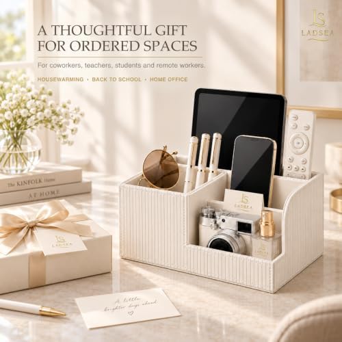 Pen Holder for Desk, 4-Compartment PU Leather Desk Organizer, Cream - Image 6