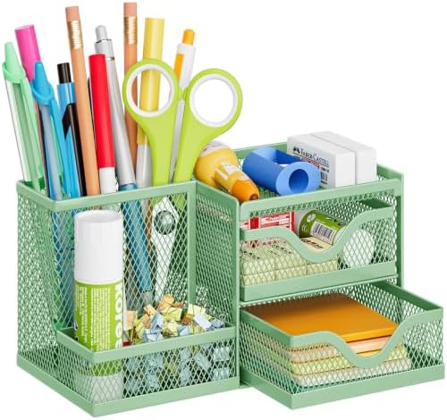 Marbrasse Mesh Pen Holder with 2 Drawers, Multi-Functional Pencil Organizer for Desk, Desk Organizers and Accessories with 3 Compartments + 2 Drawers for Office Art Supplies (Green) by Marbrasse