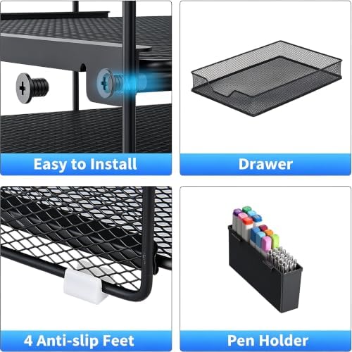 Desk Organizer, 4-Tier Desktop File Organizer with Drawer and Pen Holders, Office Desk Accessories, File Sorters, Workspace Organizers for Office Supplies(Black-1) - Image 3