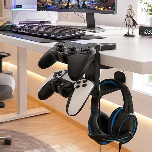 3 In 1 PC Gaming Headphone & Controller Stand Holder, Clamp On Headset Hanger with 360° Rotation Hook, Under Desk Cable Clip Organizer Earphone Storage Rack, Universal XBOX PS5 PS4 Switch Gift, Black - Image 3