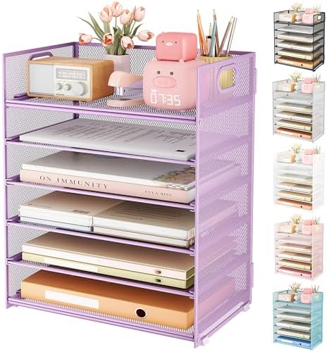 6 Tier Paper File Tray Organizer for Desk, Purple Mesh Desk Letter Paper File Folder Accessories Sorter Organizer with Handle, Stackable Slide Tray for Office, Home or School Supplies Storage by SUBEKYU