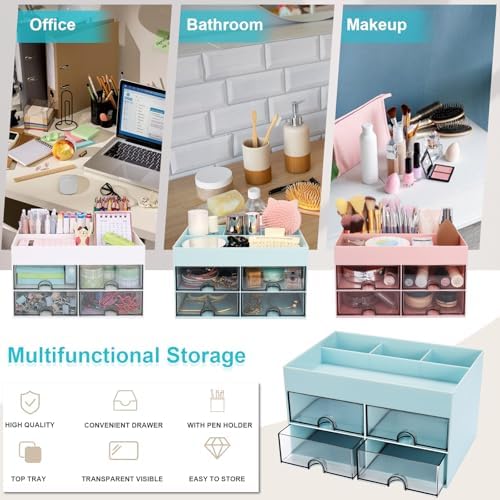 Desk Organizer, Office Organizer with Drawer, Desk Accessories & Workspace Organizers, Pen Holder Office Supplies for Desk (4 Drawers+4 Compartments, Blue) - Image 4