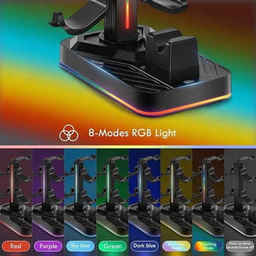 PS5 Controller Charger with Headphone Stand, RGB PS5 Controller Charging Station Dock with 3 USB Ports, Headset and Controllers Holder Stand for PlayStation 5 & DualSense Edge Controllers - Image 4